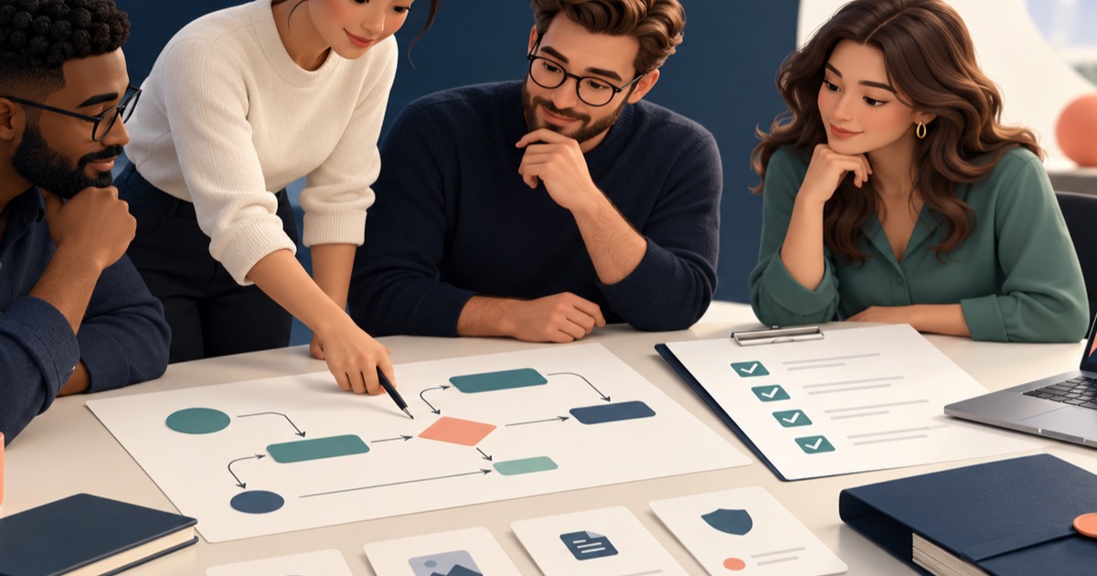A team reviews a workflow and delivery checklist for custom software acceptance.