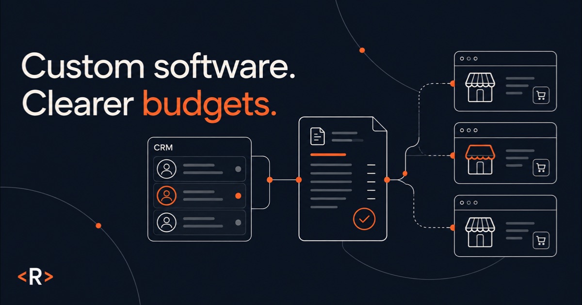 Connected CRM records, invoice and B2B storefronts illustrating custom software budgeting.