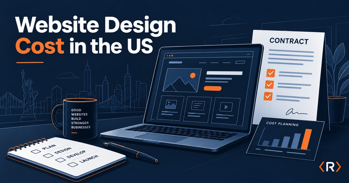 A US business website mockup beside a contract checklist and cost planning chart.